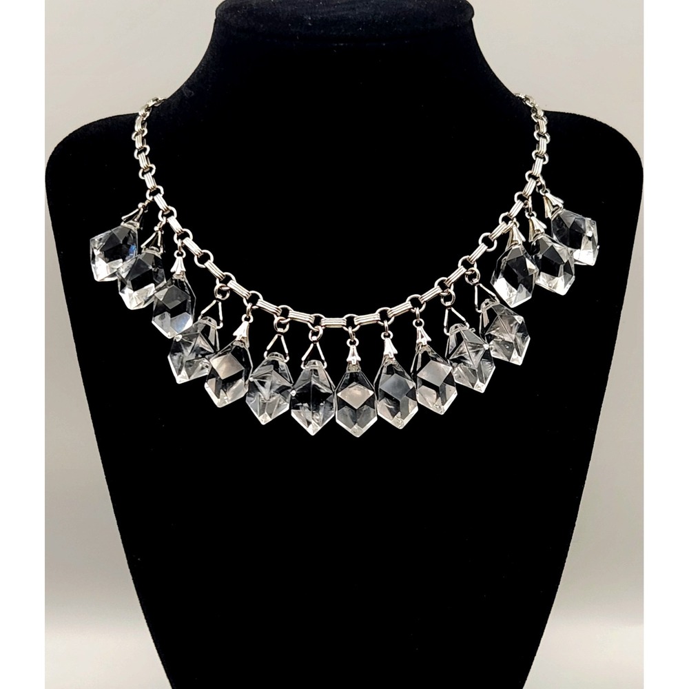 Monet Vintage Clear Lucite Faceted Drop Statement Necklace Silver Tone 16 Inch